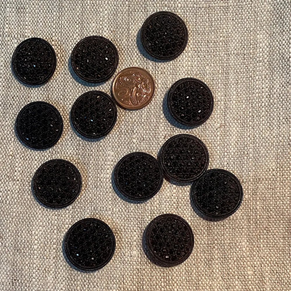 10 Vintage Black Multi Faceted Buttons 23mm