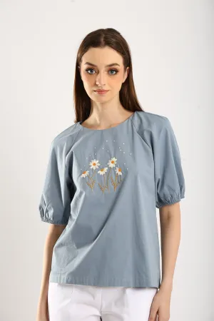 100% Cotton Embroidered Blouse in Dust Blue