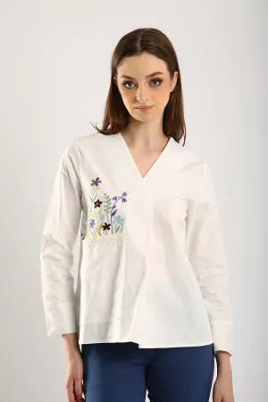 100% Cotton Embroidered V-Neck Blouse in White