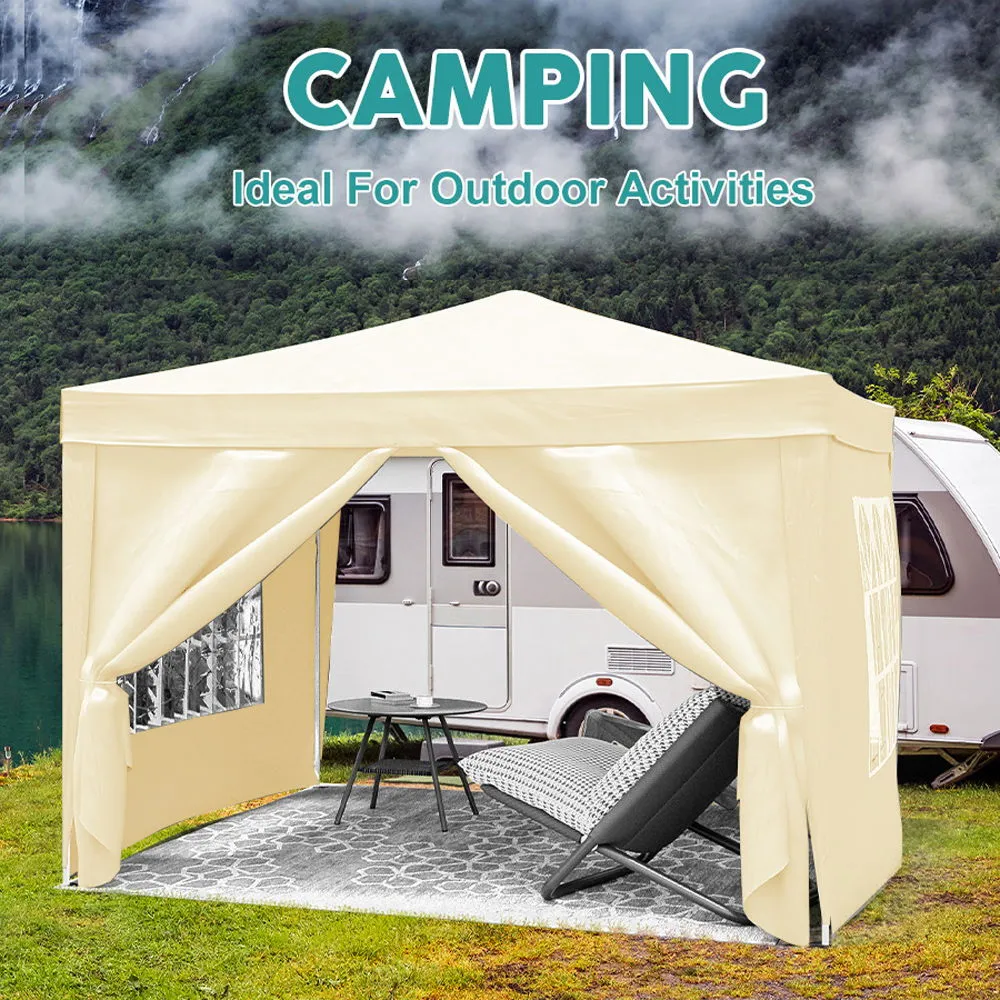 10'X10' Folding Canopy With 4 Removable Sidewalls Outdoor Event Shelter UPF 50  Gazebo Portable Tents For Parties Beach Camping Wedding Ez Pop Up Canopy 4 Pieces Weight Bag   Carry Bag