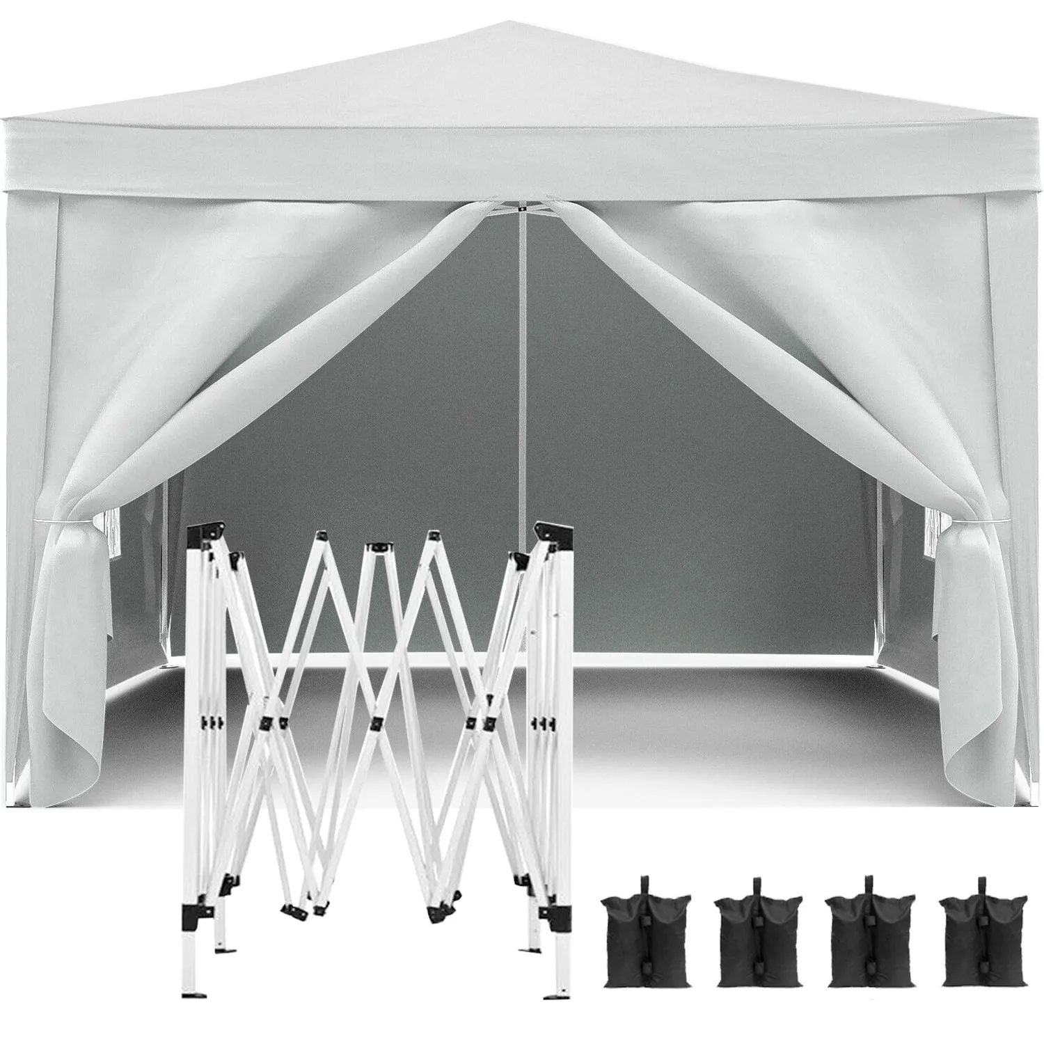 10'X10' Folding Canopy With 4 Removable Sidewalls Outdoor Event Shelter UPF 50  Gazebo Portable Tents For Parties Beach Camping Wedding Ez Pop Up Canopy 4 Pieces Weight Bag   Carry Bag