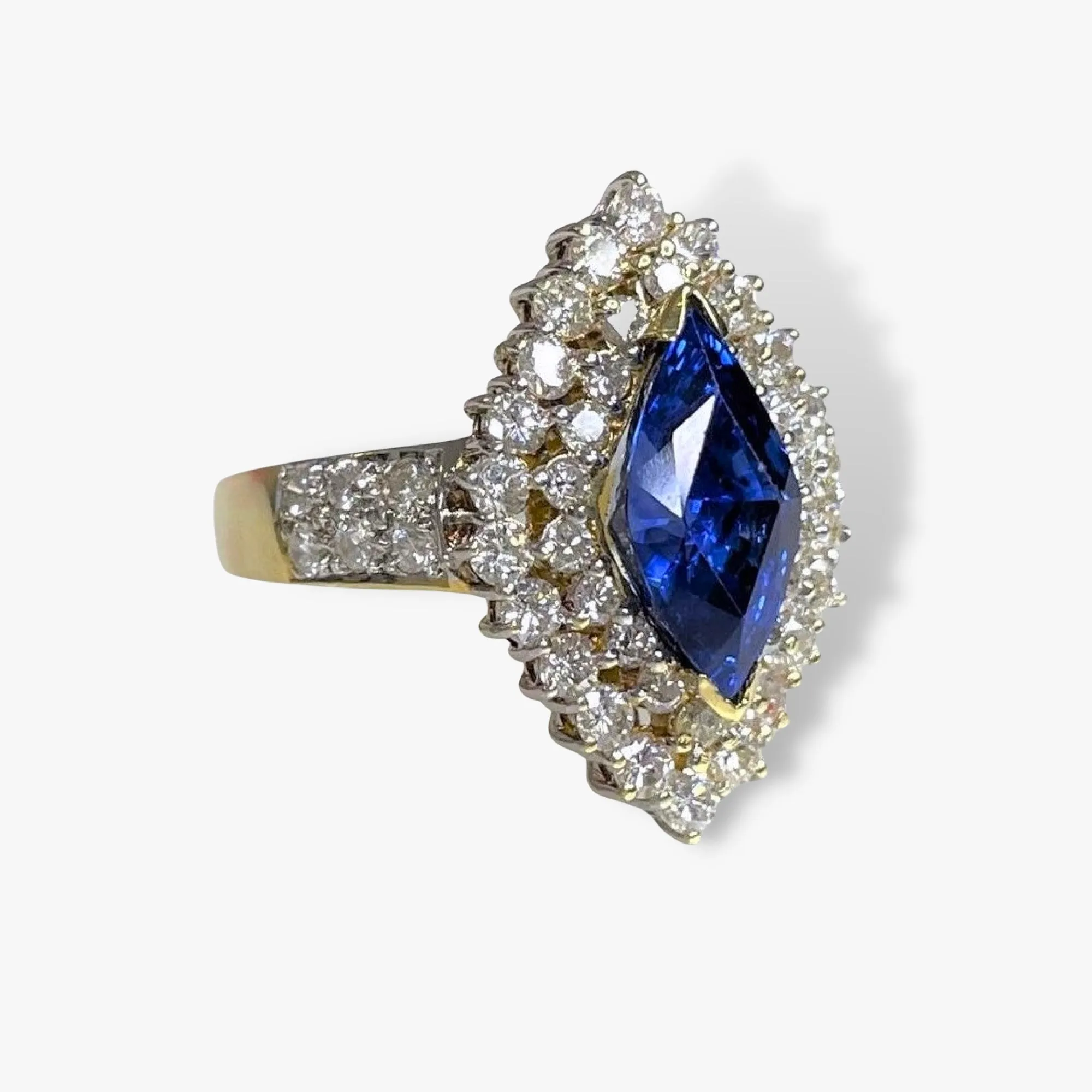 14k Yellow Gold Marquise Blue Sapphire Double Diamond Halo Vintage Ring