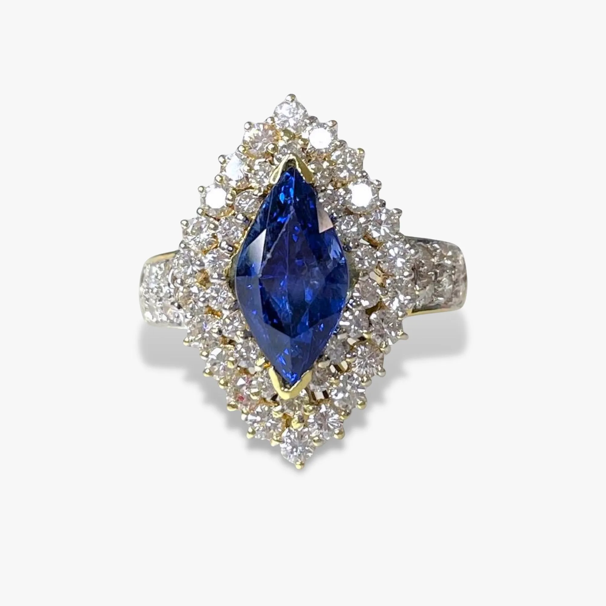 14k Yellow Gold Marquise Blue Sapphire Double Diamond Halo Vintage Ring