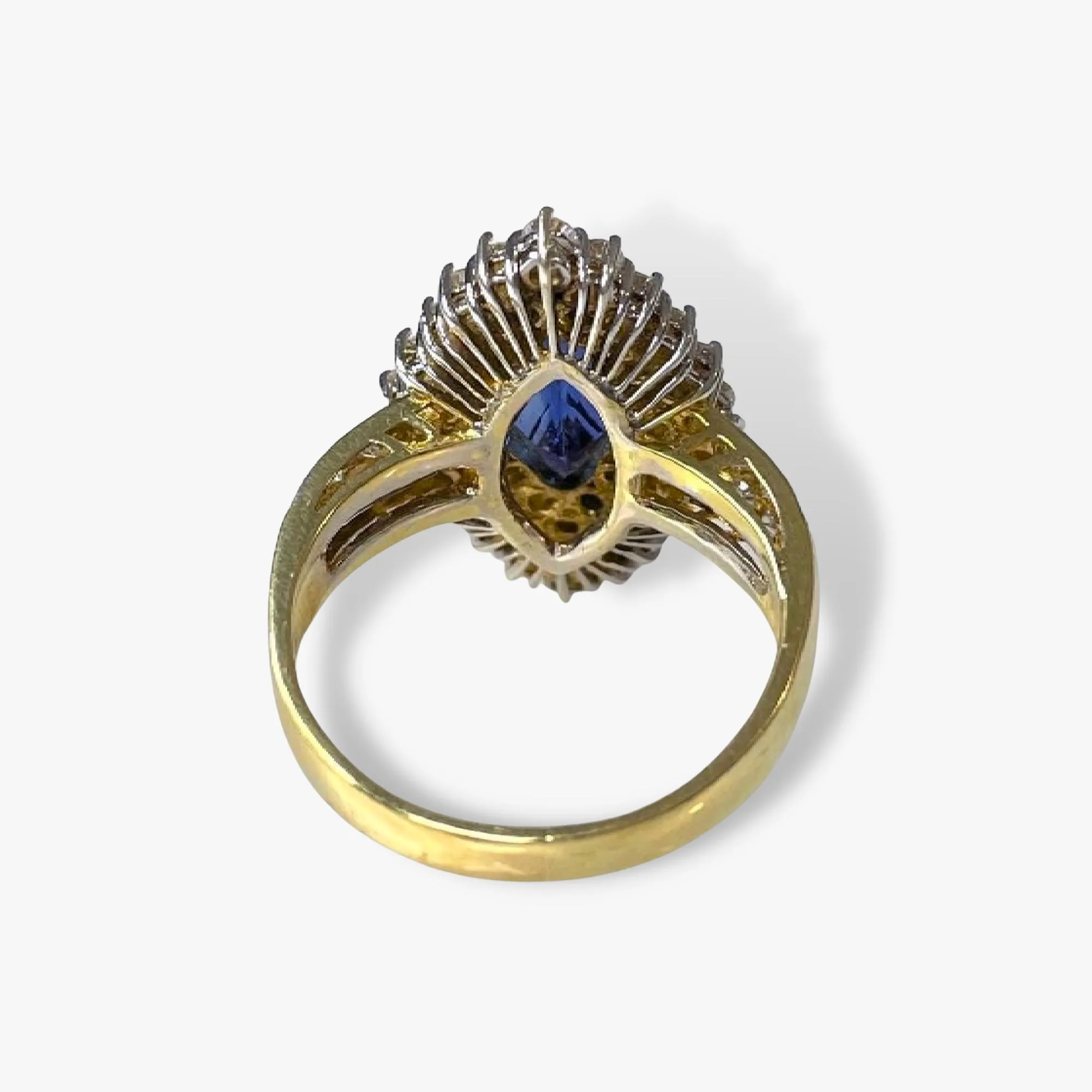 14k Yellow Gold Marquise Blue Sapphire Double Diamond Halo Vintage Ring