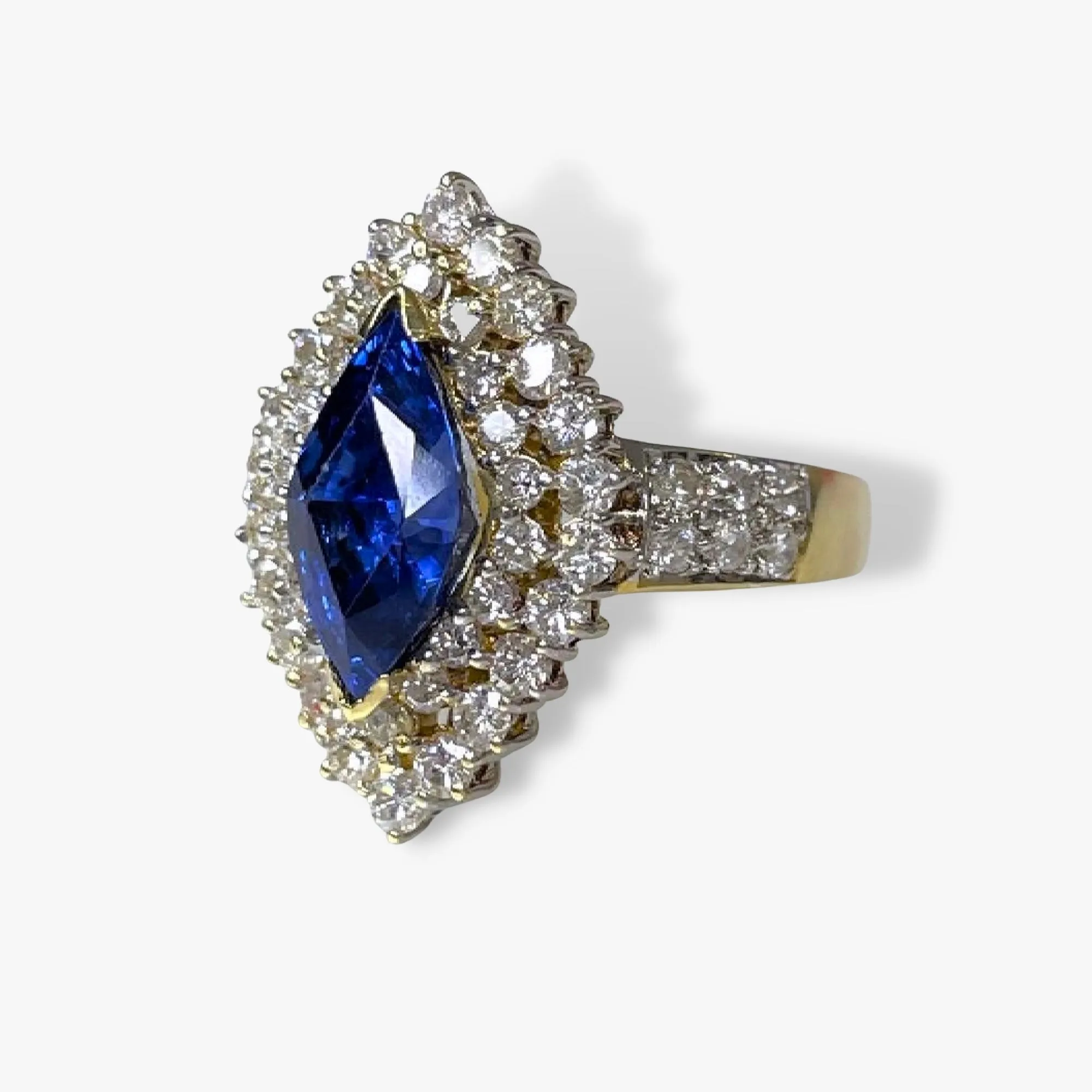 14k Yellow Gold Marquise Blue Sapphire Double Diamond Halo Vintage Ring