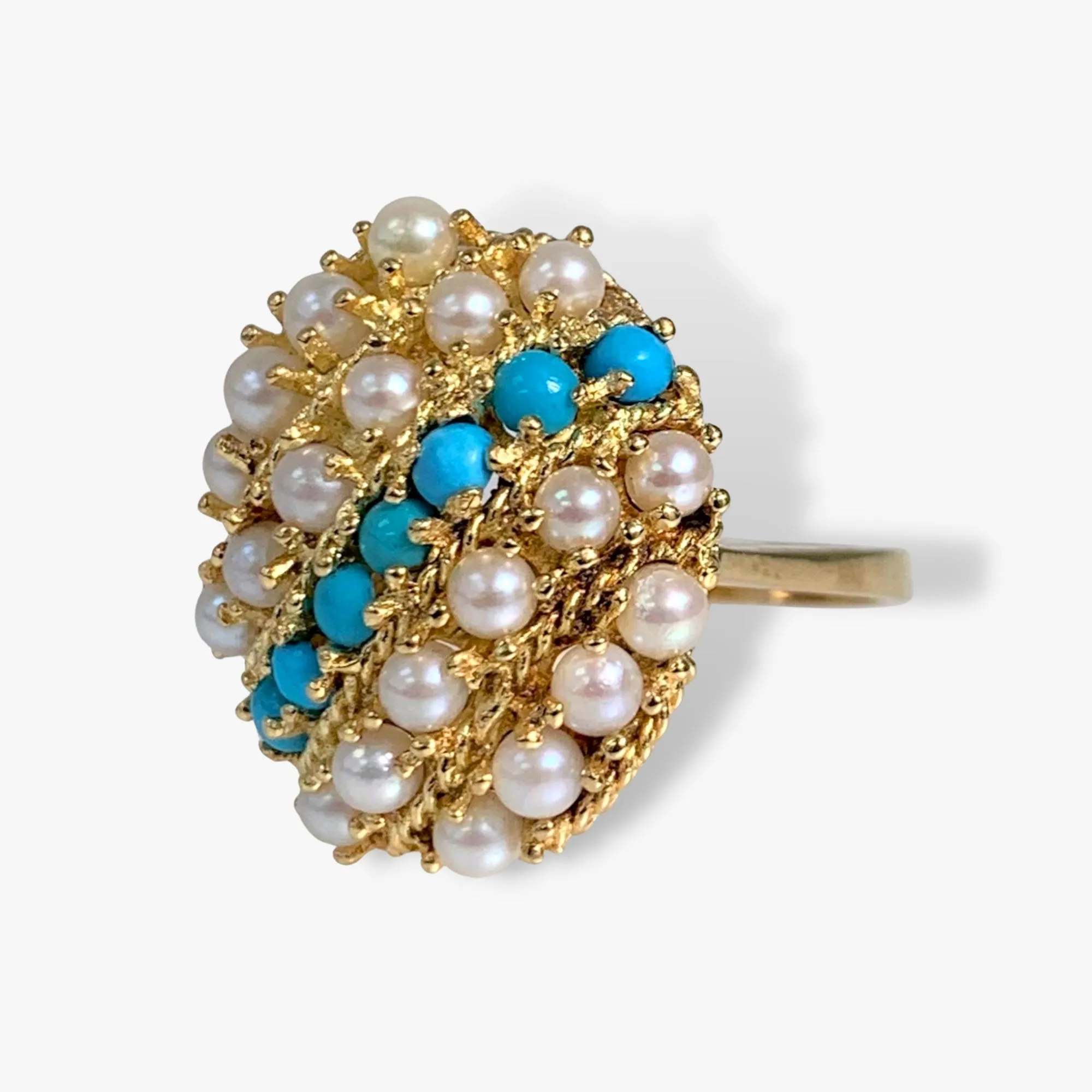 14k Yellow Gold Pearl and Turquoise Vintage Ring