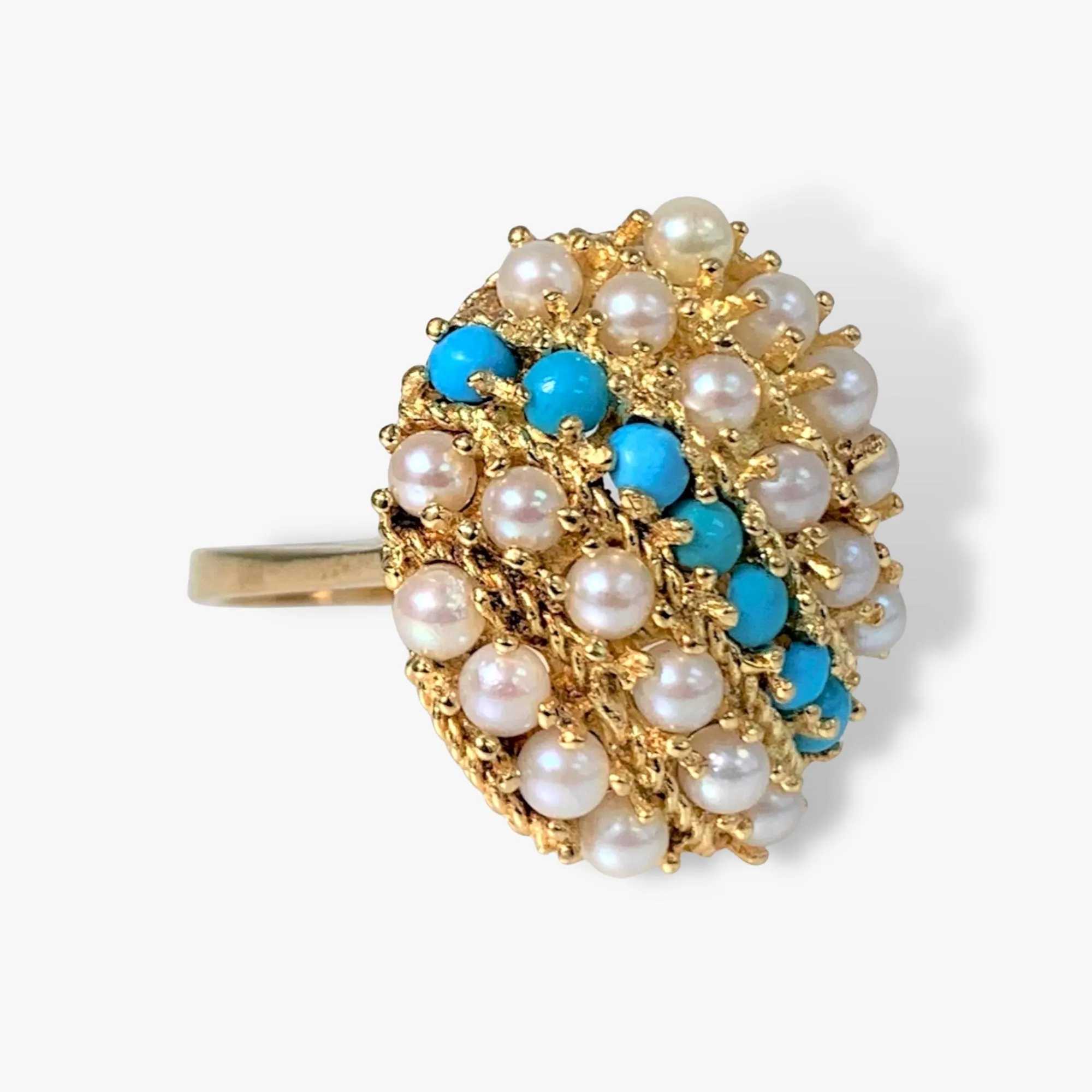 14k Yellow Gold Pearl and Turquoise Vintage Ring