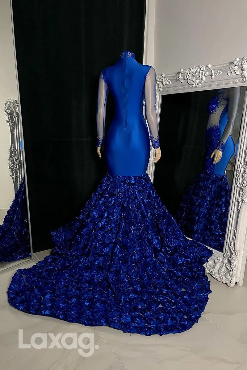 22576 - High-Neck Long Sleeves Beaded illusion Appliques Mermaid Prom Dresses for Black Girl Slay