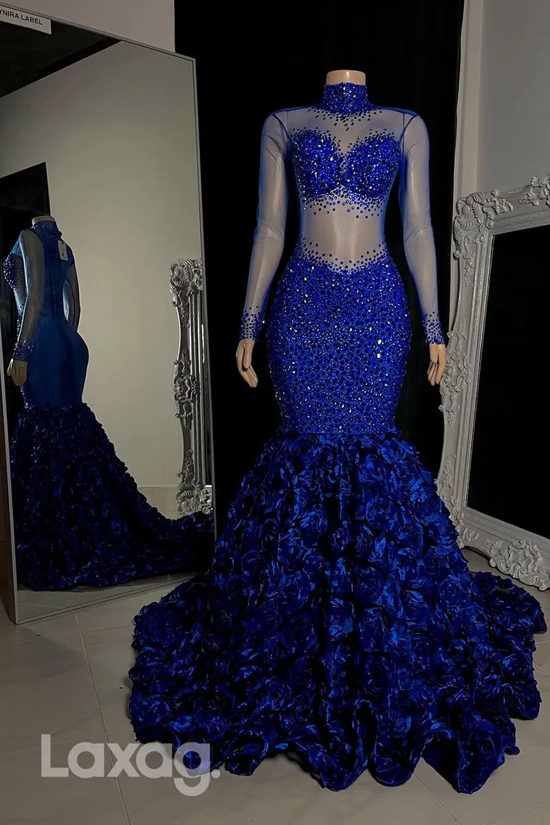 22576 - High-Neck Long Sleeves Beaded illusion Appliques Mermaid Prom Dresses for Black Girl Slay