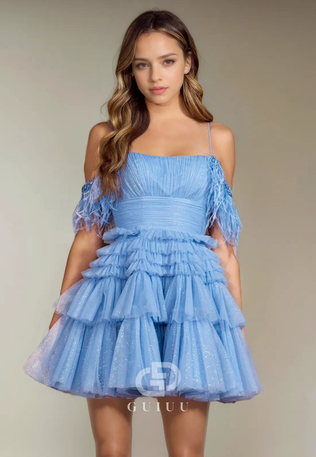 A-Line Strapless Off Shoulder Tulle Tiered Homecoming Dress with Feather