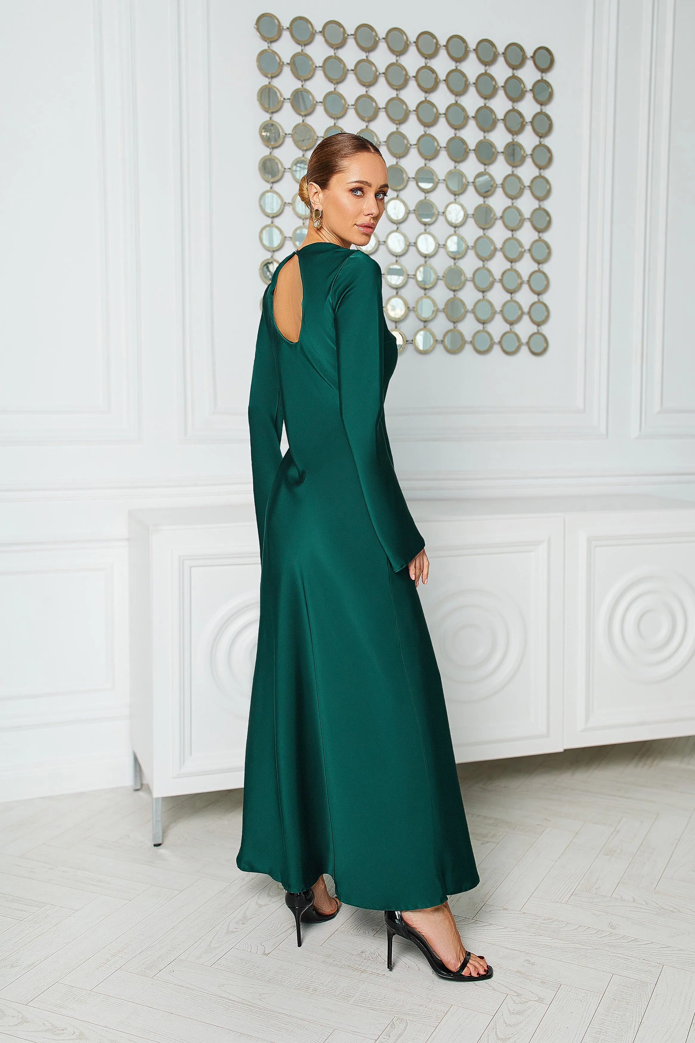 Alexa Emerald Satin Long Sleeve Maxi Dress