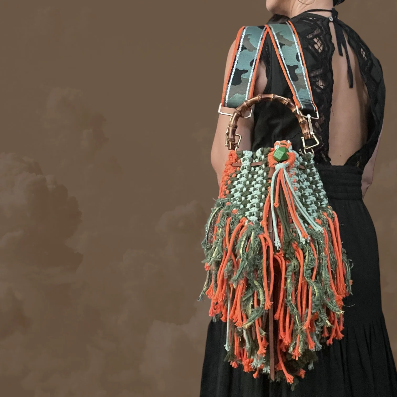 Ann - Green & Orange Camo Macrame Bucket Bag