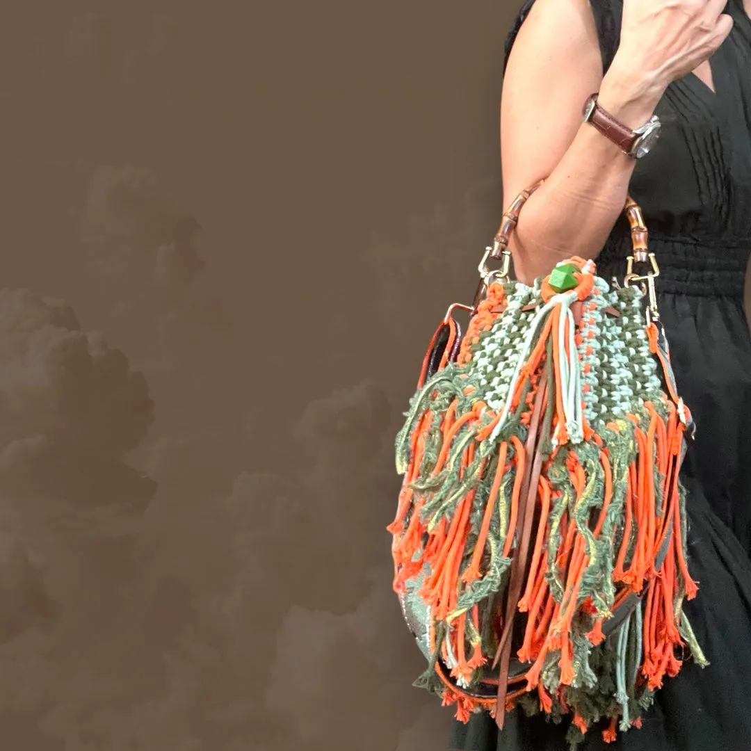 Ann - Green & Orange Camo Macrame Bucket Bag