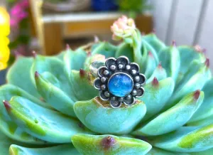 Artisan Sterling Silver 925 Labradorite Moonstone Flower Floral Ring Size 7