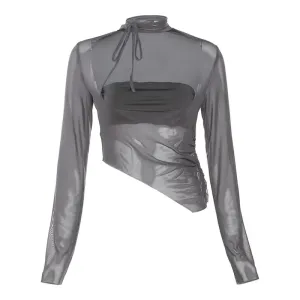 Asymmetric Square Neck Long Sleeved Tops Y2k Streetwear Hollow Out Mesh See Through Sexy T Shirts Women P71-BZ12