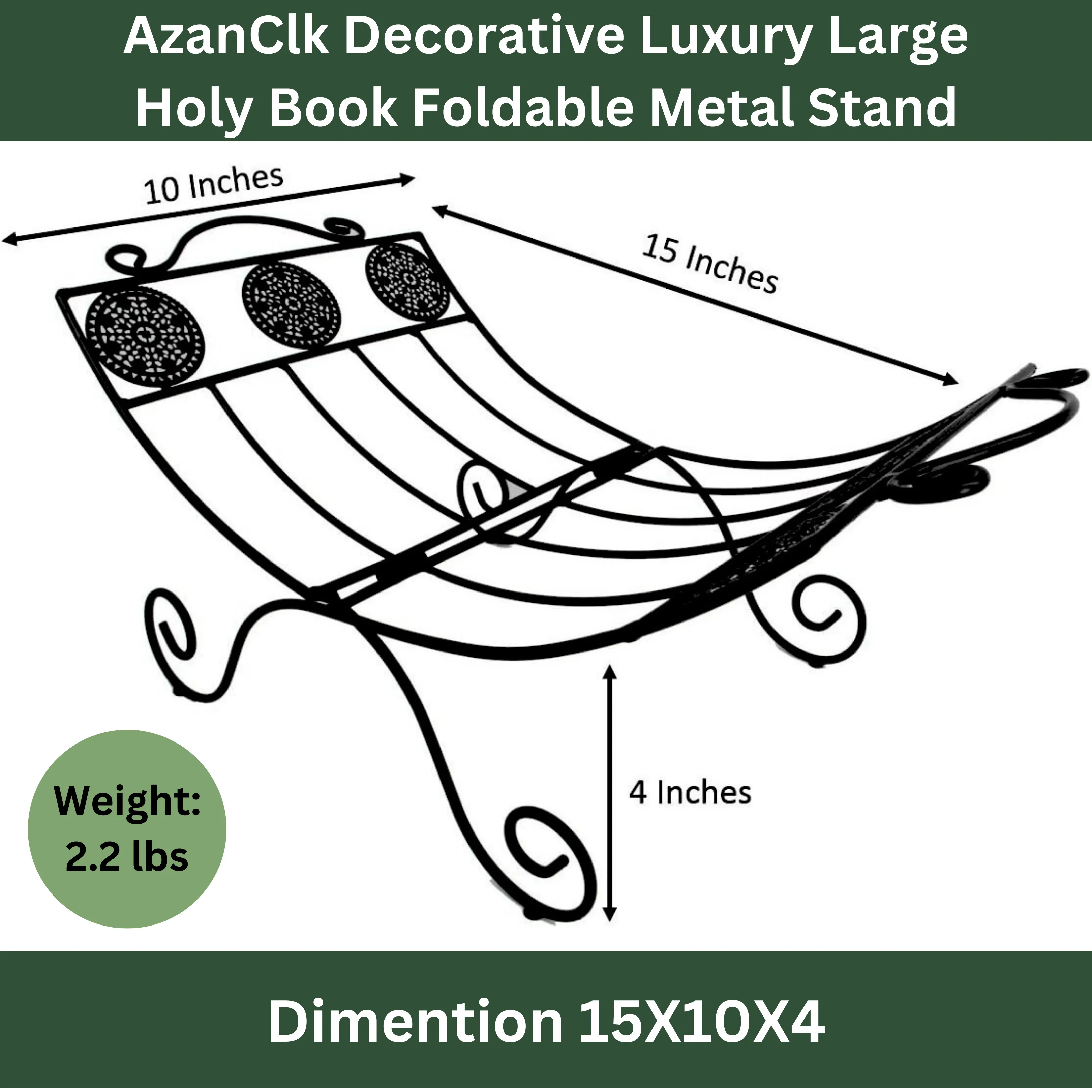 AzanClk Decorative Luxury Foldable Lightweight Metal Stand Rehal for Large Textbooks. Elegant Support for Bible, Quran, Geeta, and other Holy Books or Magazines (Black)