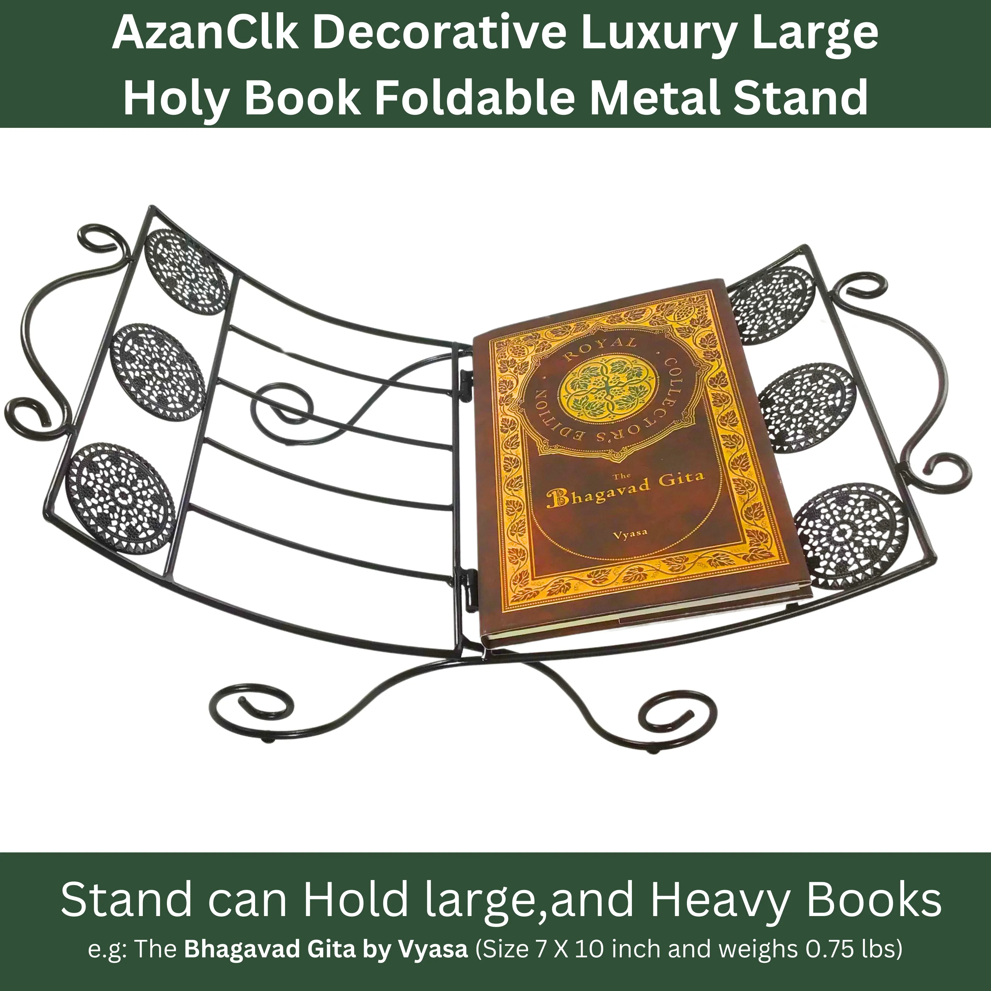 AzanClk Decorative Luxury Foldable Lightweight Metal Stand Rehal for Large Textbooks. Elegant Support for Bible, Quran, Geeta, and other Holy Books or Magazines (Black)