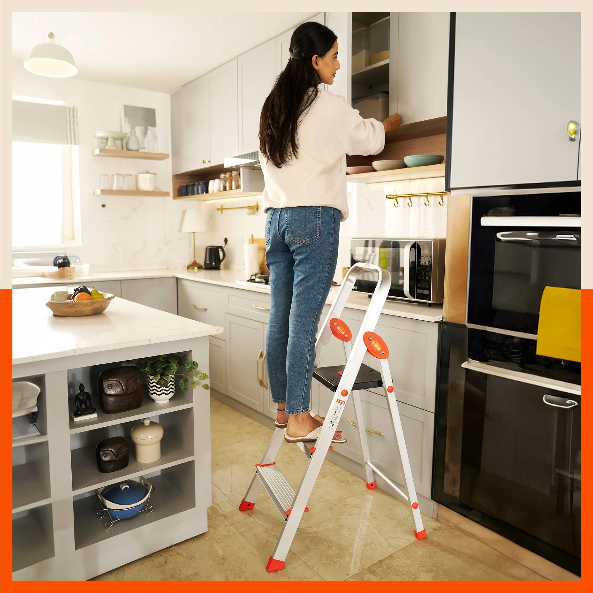 Bathla Advance Carbon - 3 Step Foldable Aluminium Ladder For Home (Orange)