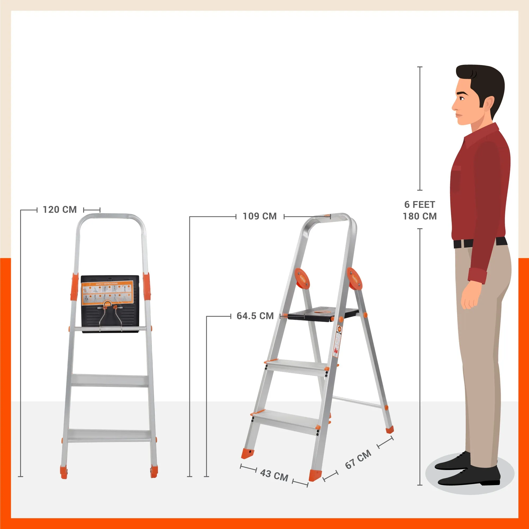 Bathla Advance Carbon - 3 Step Foldable Aluminium Ladder For Home (Orange)