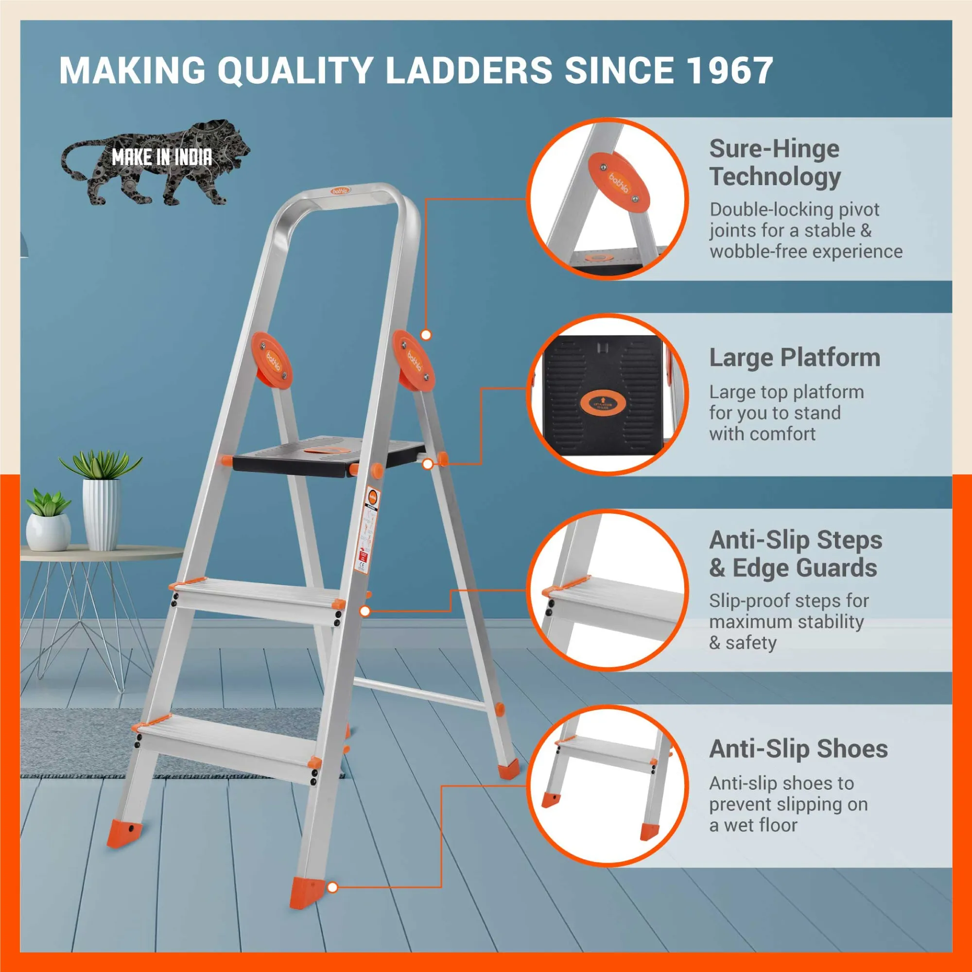 Bathla Advance Carbon - 3 Step Foldable Aluminium Ladder For Home (Orange)