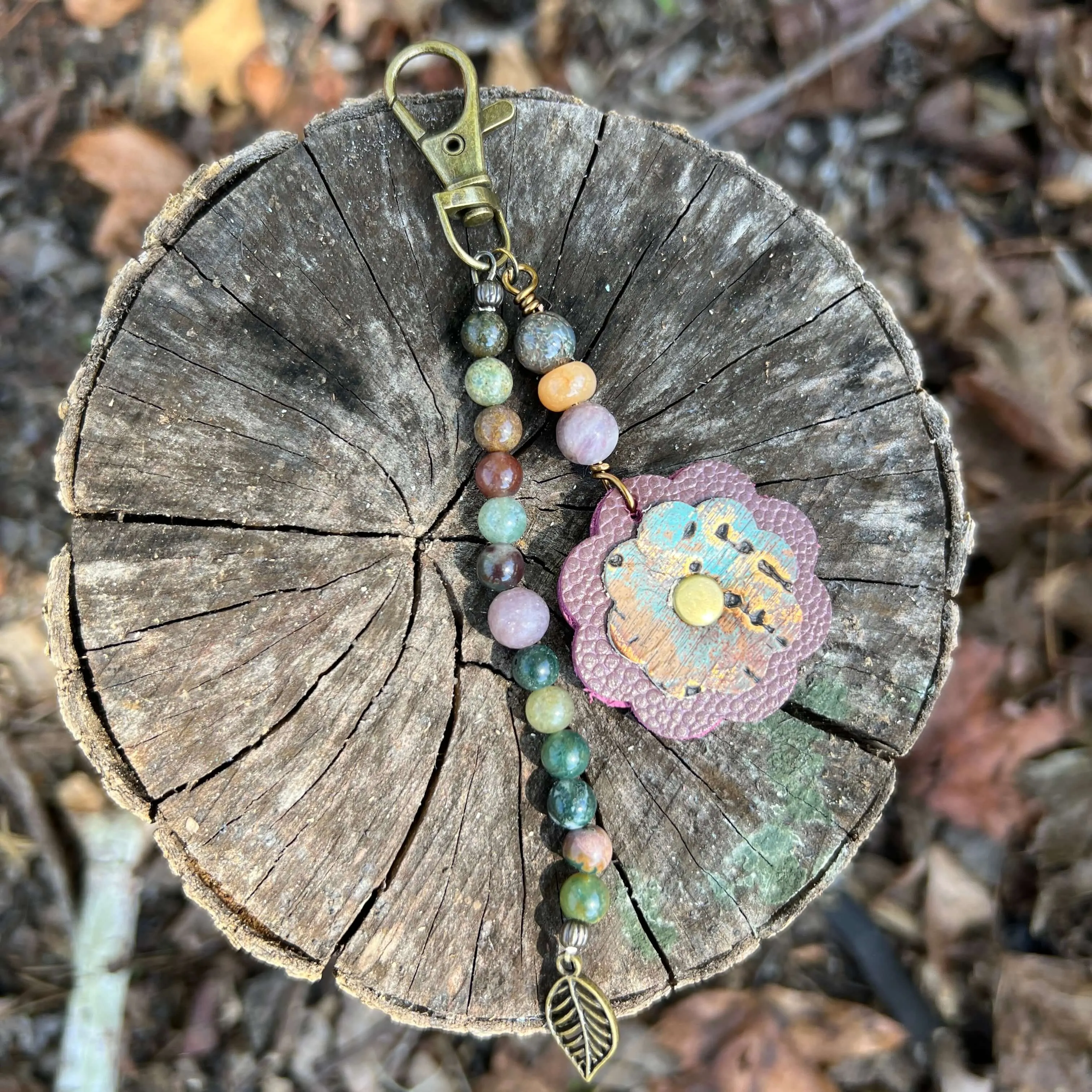 Beaded Bag Charm with Leather Flower