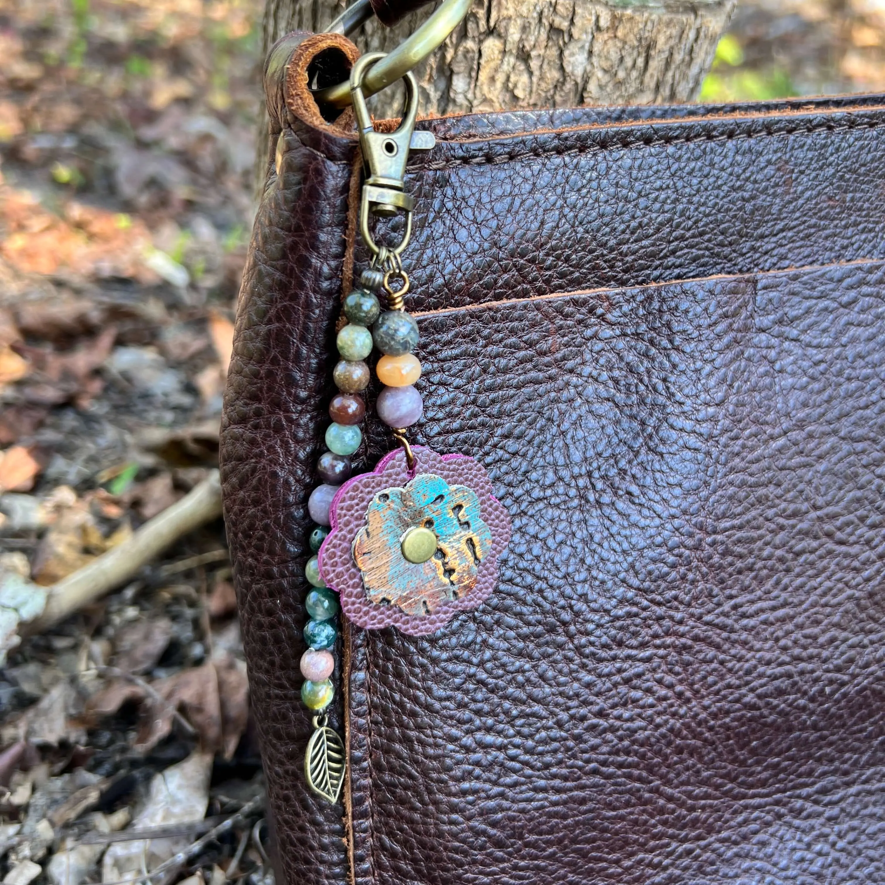 Beaded Bag Charm with Leather Flower