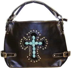 Black Leather Purse with Turquoise Cross on Hair-On