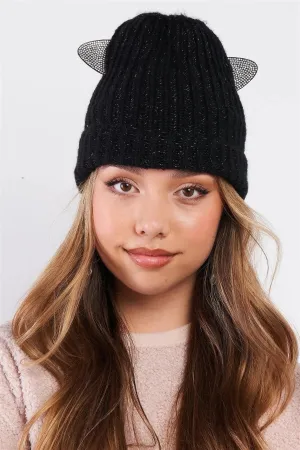 Black Rhinestone Cat Ears Glitter Woven Knit Beanie /3 Pieces