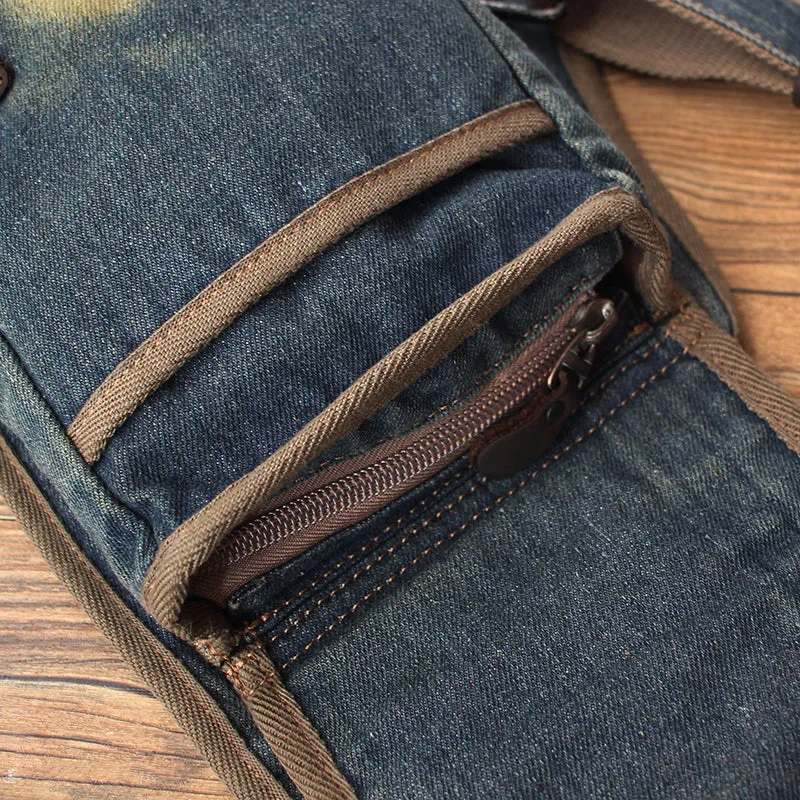 Blue Denim Mens Biker Waist Bag Chest Bag Vintage Denim Sling Bag For Men