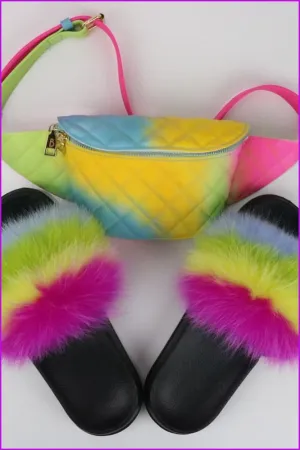 Blue Green Yellow Pink Fur Slides & Waist Bag Set #11 F952