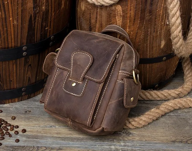 Casual Brown Leather Small Side Bags Waist Bag Belt Pouch Messenger Bag Courier Bag for Men