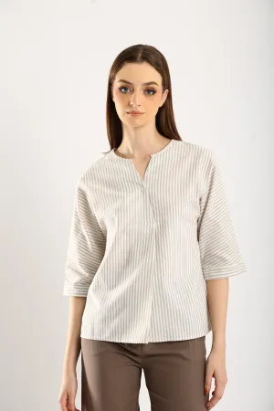 Classic Striped Linen Top in Apricot