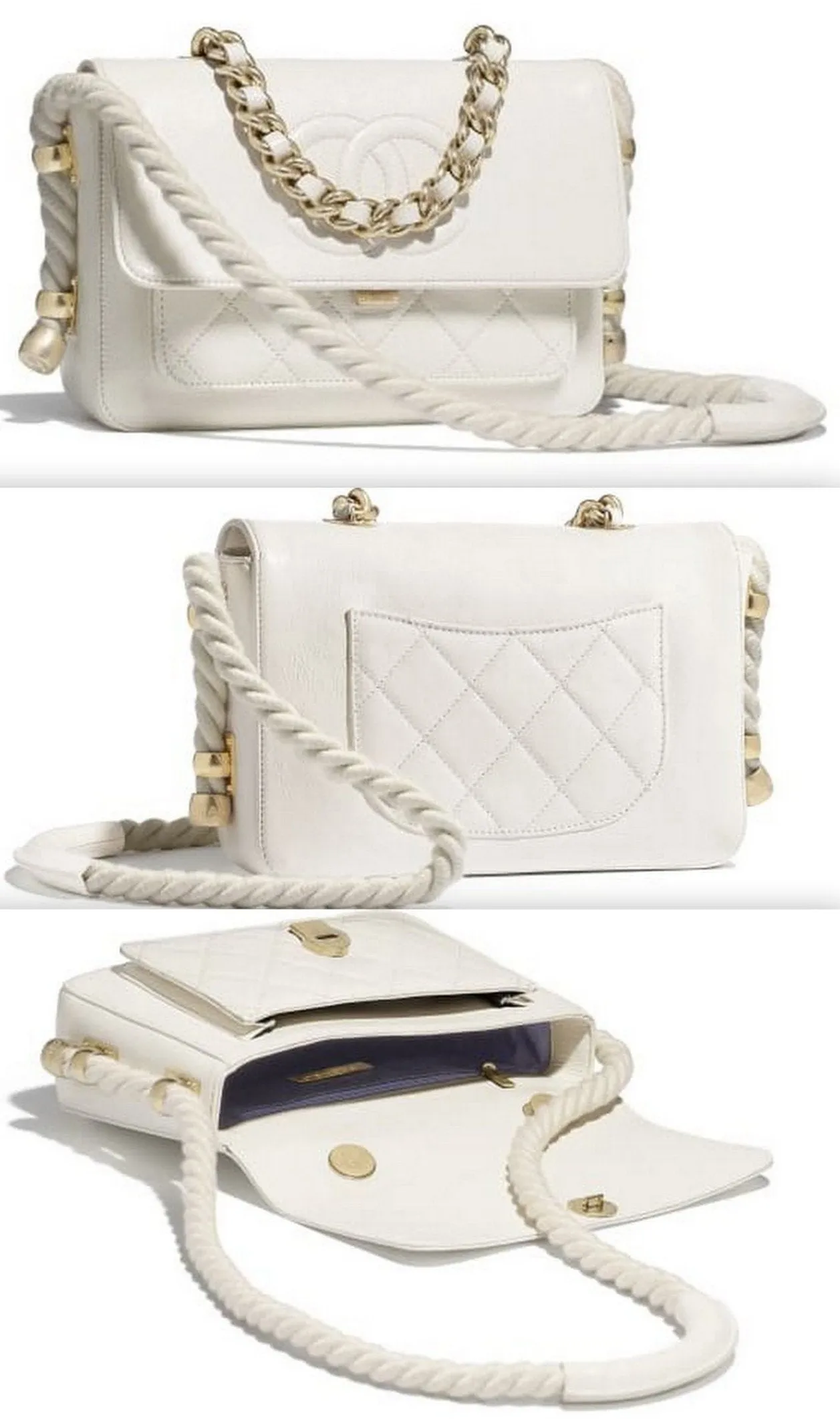 Crumpled Calfskin Flap Bag, White