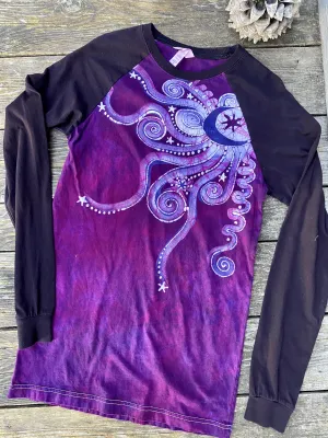 Dark Magenta Jeweled Moonbeams Black Raglan Long Sleeve Batik Top by Batikwalla - Size Small ONLY