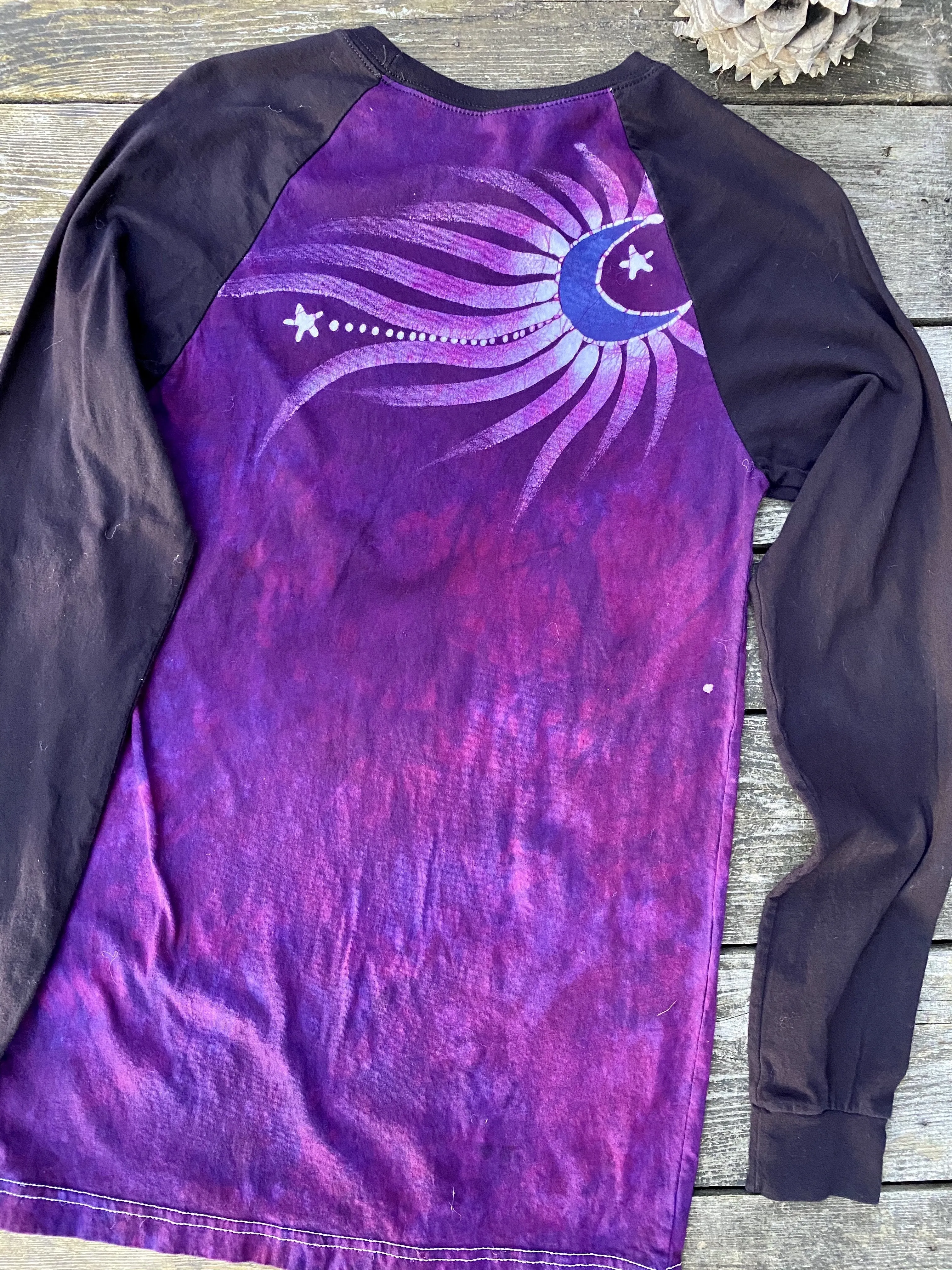 Dark Magenta Jeweled Moonbeams Black Raglan Long Sleeve Batik Top by Batikwalla - Size Small ONLY