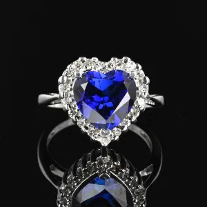 Diamond Halo Sapphire Heart Ring in 14K White Gold