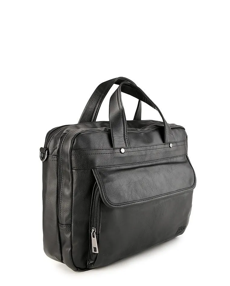 Distressed Leather Laptop Tote Bag - Black