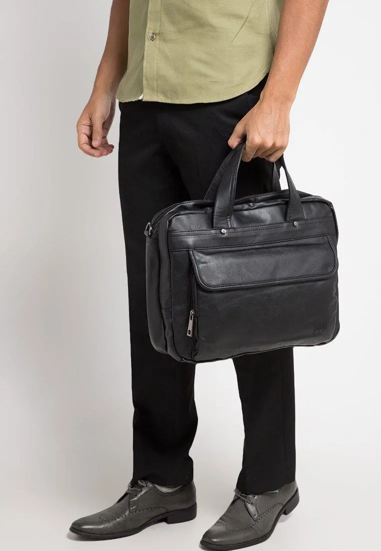 Distressed Leather Laptop Tote Bag - Black