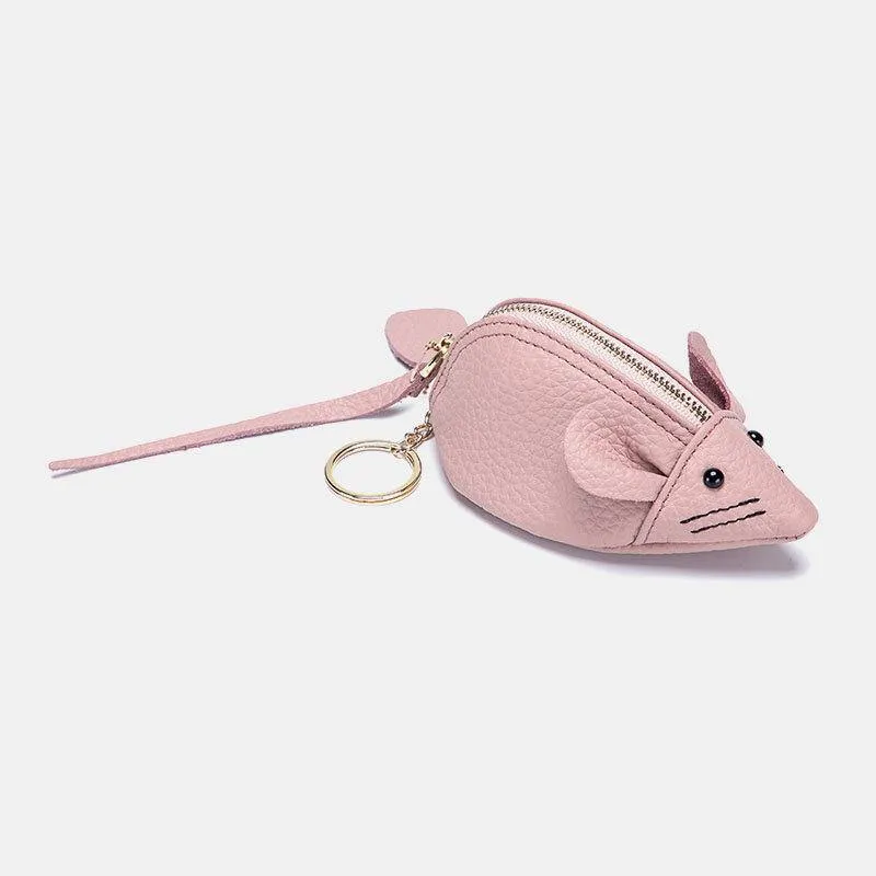 elvesmall Women Genuine Leather Casual Cute Animal Mouse Pattern Mini Keychain Coin Bag Storage Bag