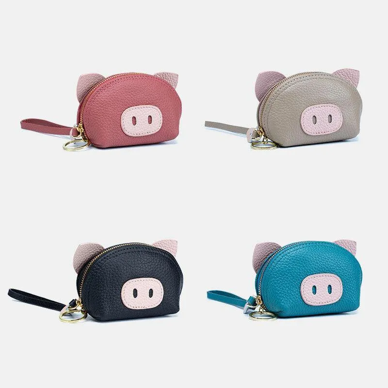 elvesmall Women Genuine Leather Casual Cute Animal Pig Pattern Mini Hand Carry Coin Bag Storage Bag