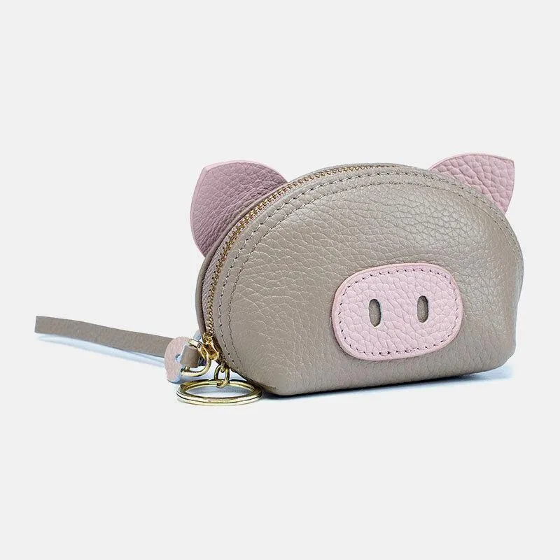 elvesmall Women Genuine Leather Casual Cute Animal Pig Pattern Mini Hand Carry Coin Bag Storage Bag