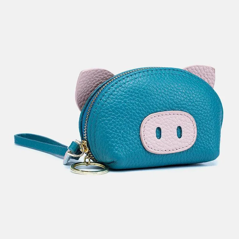 elvesmall Women Genuine Leather Casual Cute Animal Pig Pattern Mini Hand Carry Coin Bag Storage Bag