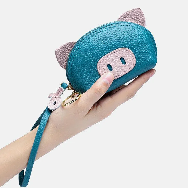 elvesmall Women Genuine Leather Casual Cute Animal Pig Pattern Mini Hand Carry Coin Bag Storage Bag