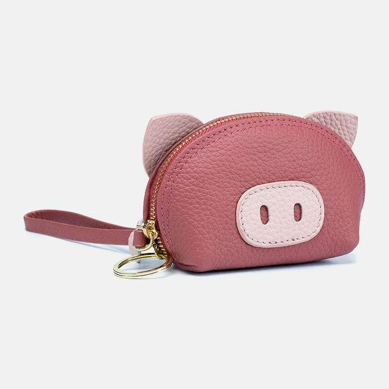 elvesmall Women Genuine Leather Casual Cute Animal Pig Pattern Mini Hand Carry Coin Bag Storage Bag