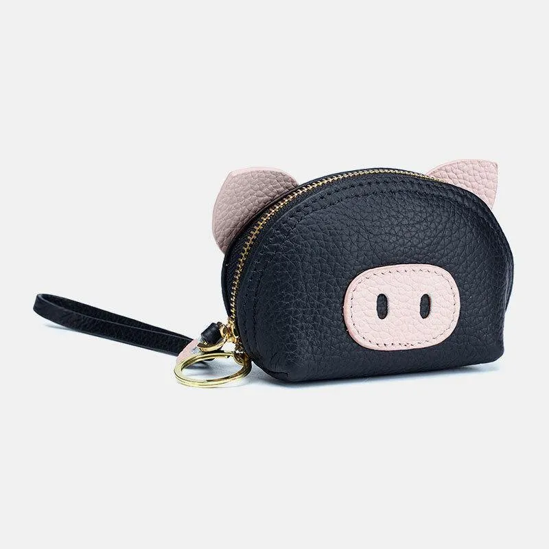 elvesmall Women Genuine Leather Casual Cute Animal Pig Pattern Mini Hand Carry Coin Bag Storage Bag