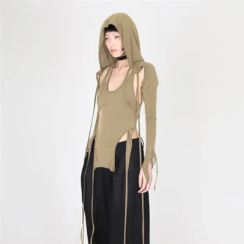 Fairy Grunge Long Sleeve Hooded Crop Top Y2k Streetwear Strappy Asymmetrical Trendy Sexy T Shirts for Women P71-CH30