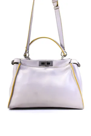 Fendi Womens Taupe Leather Double Turn Lock Peekaboo Medium Top Handle Satchel Handbag