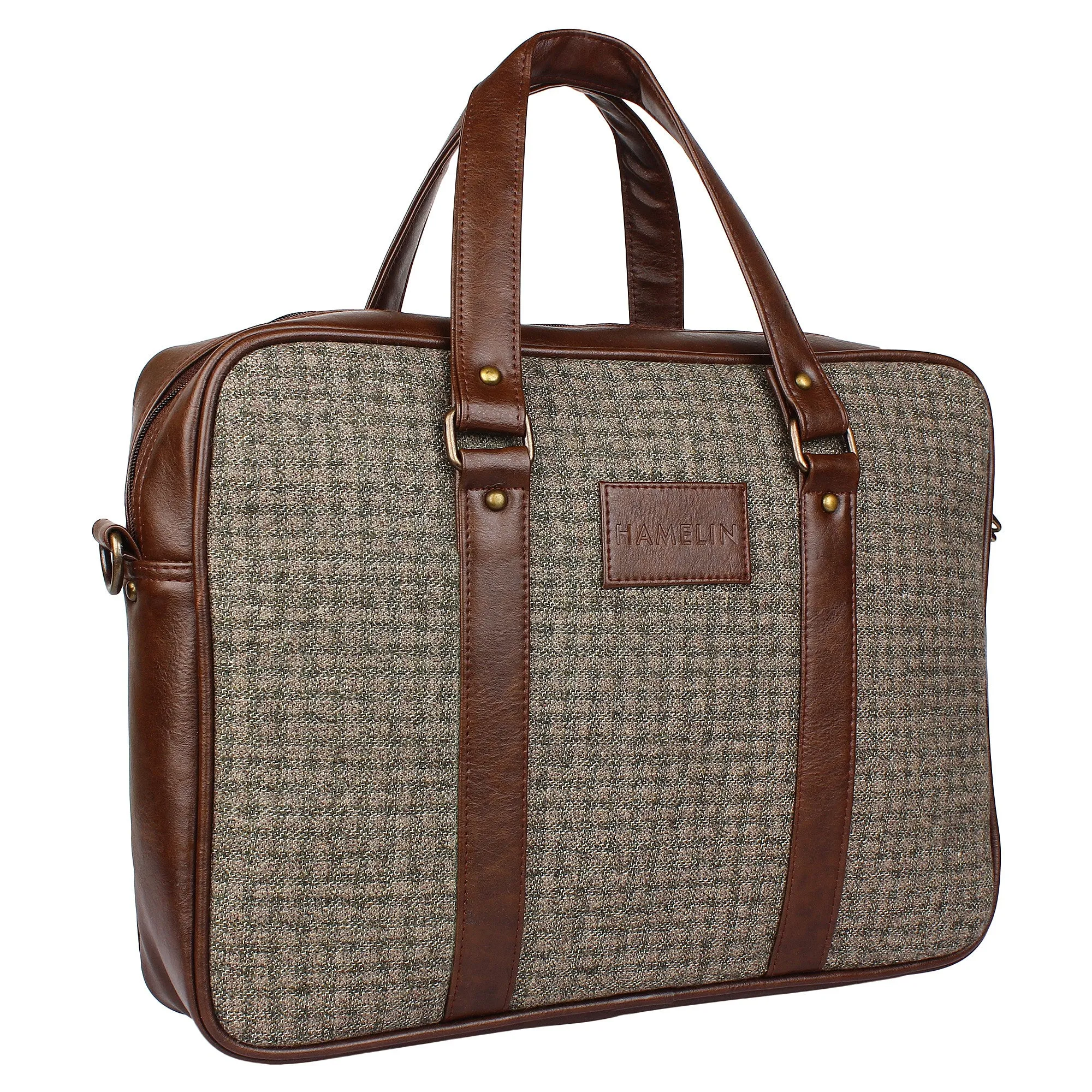 Foliage Check - Tweed and Vegan Leather Laptop Bag