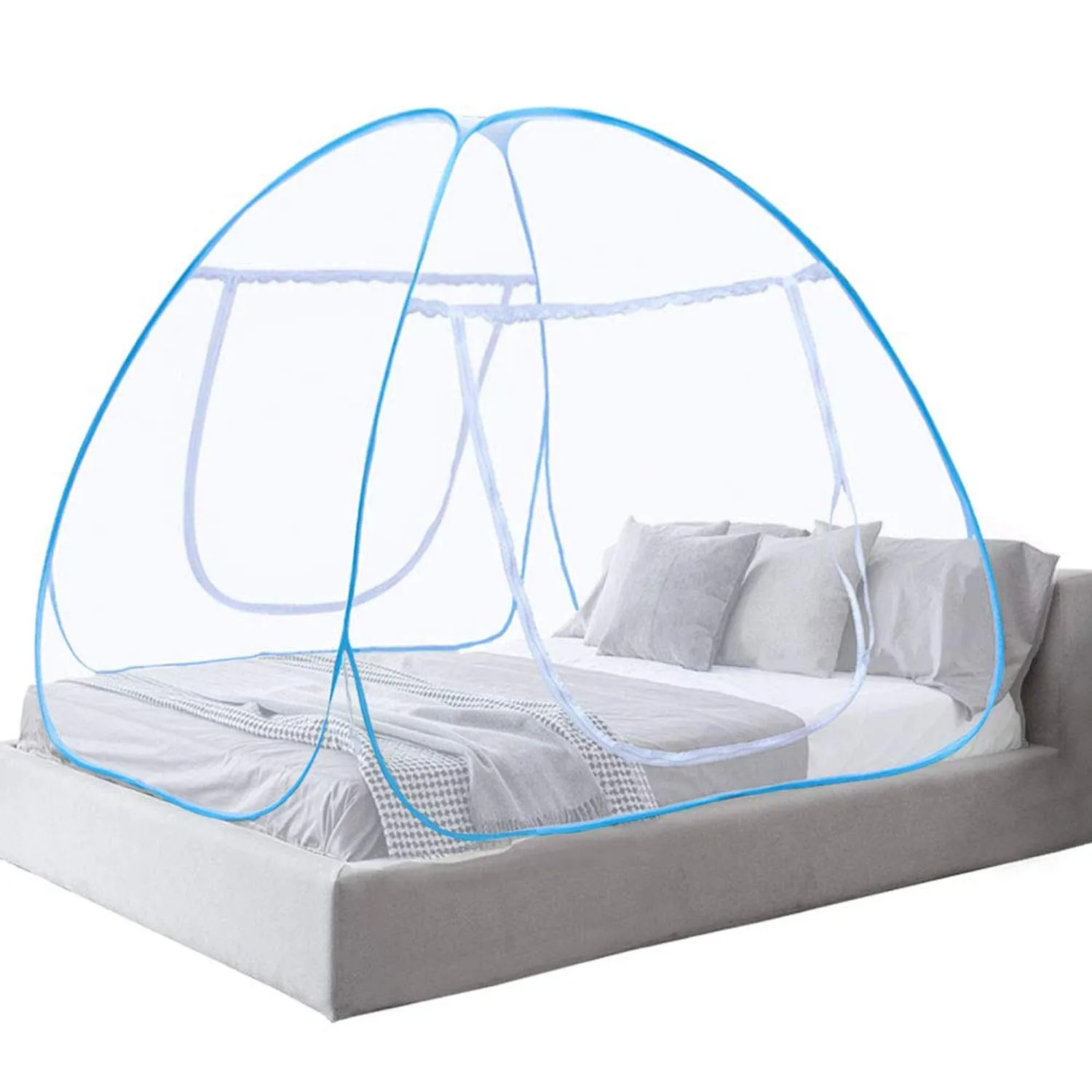 Fun Homes Mosquito Net Foldable King Size (Double Bed) with Free Saviours 6.5 x 6.5 Feet (Blue)