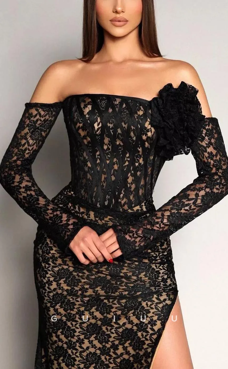 G3584 - Sexy & Hot Sheath Strapless Long Sleeves Allover Lace High Side Slit Floral Embossed Floor-Length Party Gown Lace Prom Dress